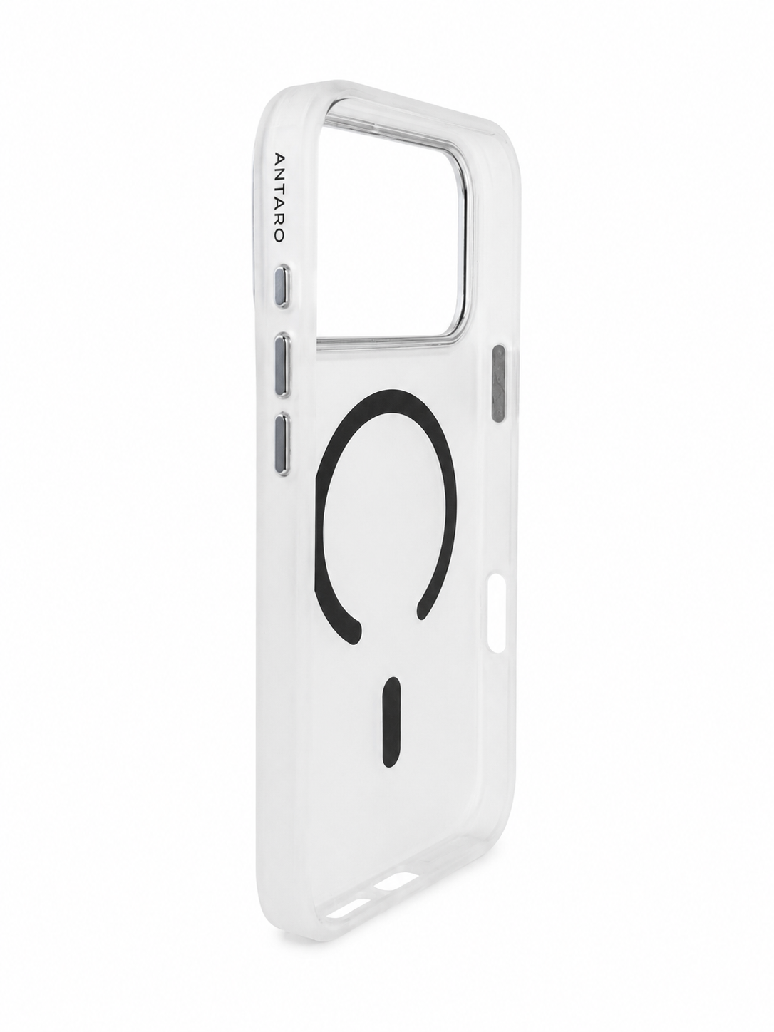 A white protective phone case with a black MagSafe ring design on the back, featuring the ANTARO brand name printed vertically near the camera cutout for iphone 17 pro max