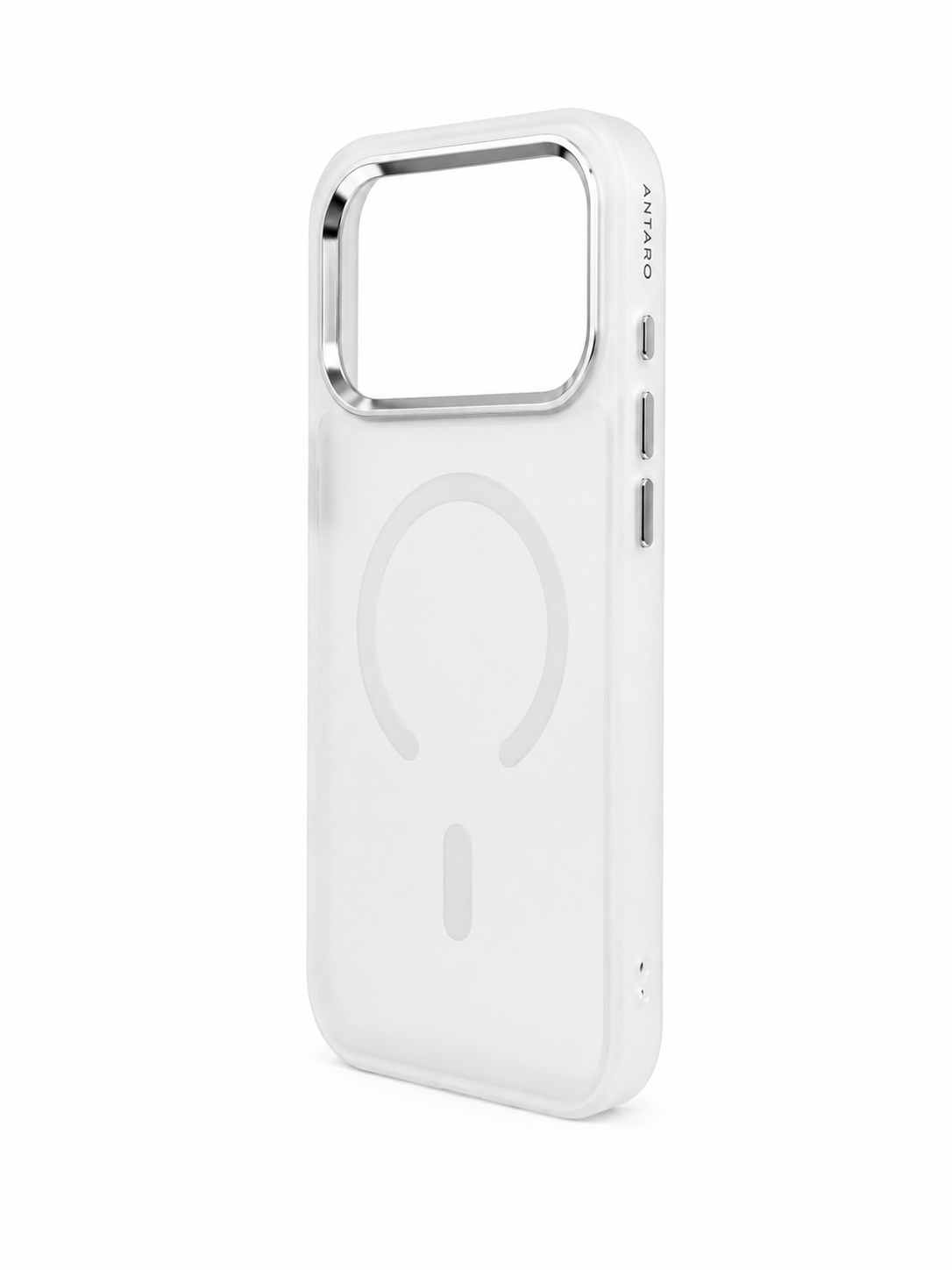 ANTARO Core Case in Mist for iPhone 17 Pro Max — three-quarter view of the translucent frosted finish and silver camera surround