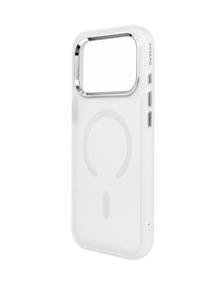 A white MagSafe-compatible phone case with a silver metallic camera bumper, shown from a three-quarters perspective on a white background. Apple iphone 17 Pro Max featuring ANTARO branding