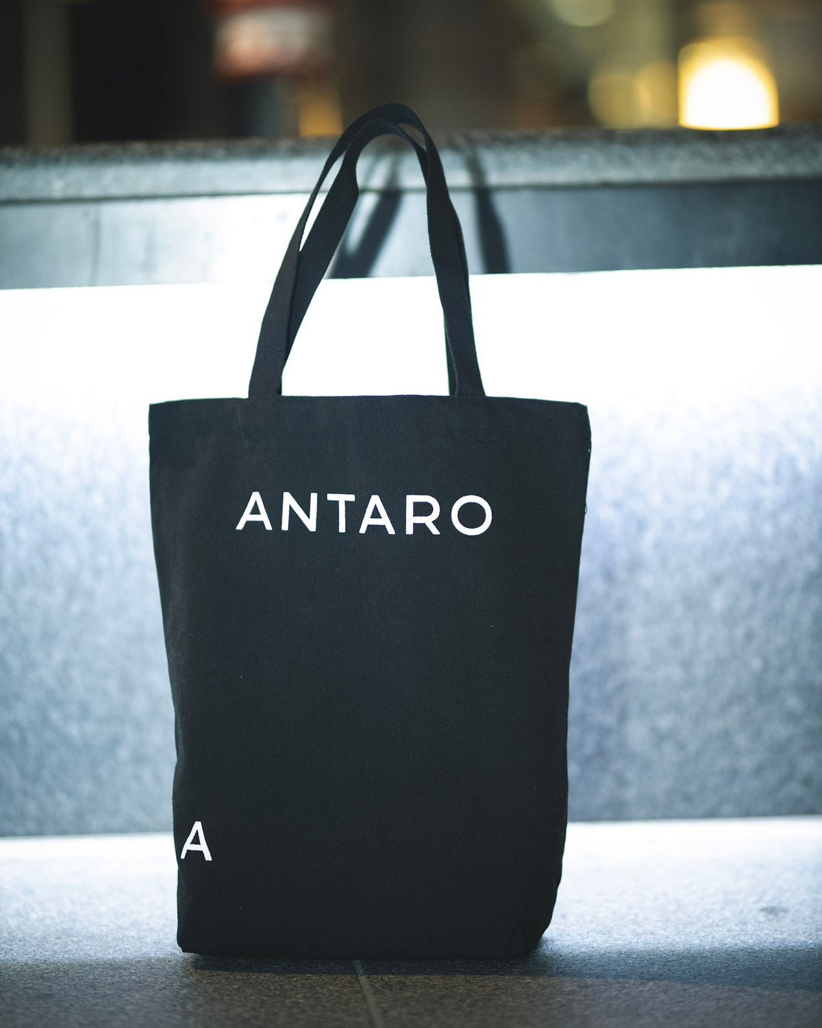 The ANTARO Everyday Tote in black, standing on a lit step