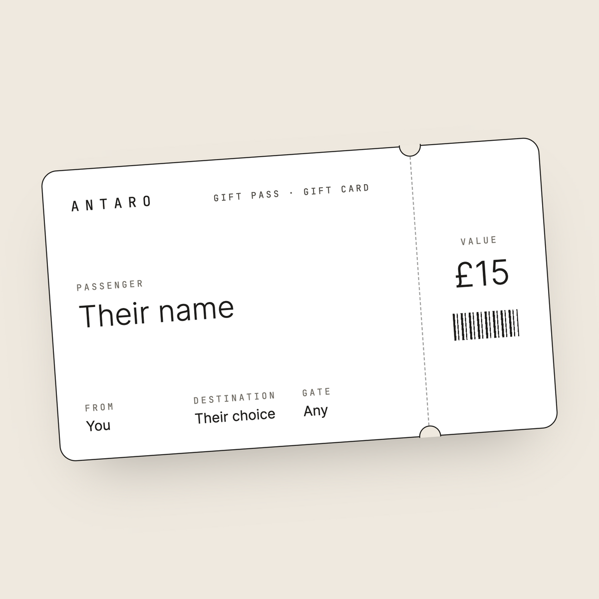 The ANTARO Gift Pass: a white boarding-pass style gift card with a black edge on a cream background, showing Passenger, From, Destination and Gate, and a tear-off stub with the value.