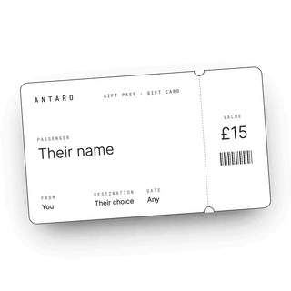 The ANTARO Gift Pass: a white boarding-pass style gift card with a black edge on a cream background, showing Passenger, From, Destination and Gate, and a tear-off stub with the value.