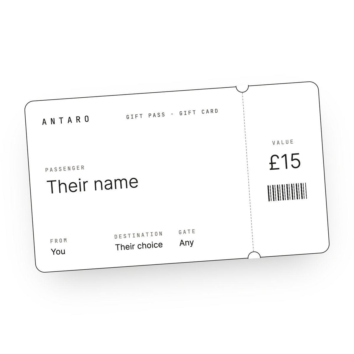 The ANTARO Gift Pass: a white boarding-pass style gift card with a black edge, showing Passenger, From, Destination and Gate, and a tear-off stub with the value.