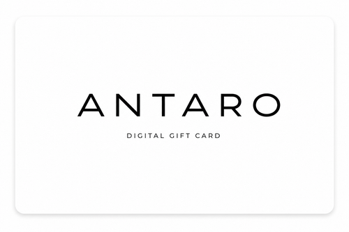 A minimalist white gift card with rounded corners, featuring the brand name 'ANTARO' in large black serif letters and 'DIGITAL GIFT CARD' in smaller uppercase text below, on a light gray background.