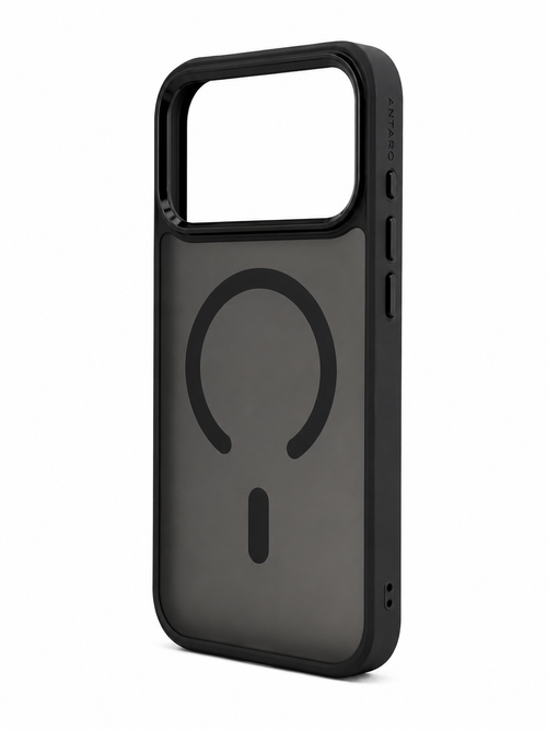 A dark gray MagSafe-compatible phone case with a black bumper frame, shown from a three-quarters angle on a white background. FOR IPHONE 17 PRO MAX