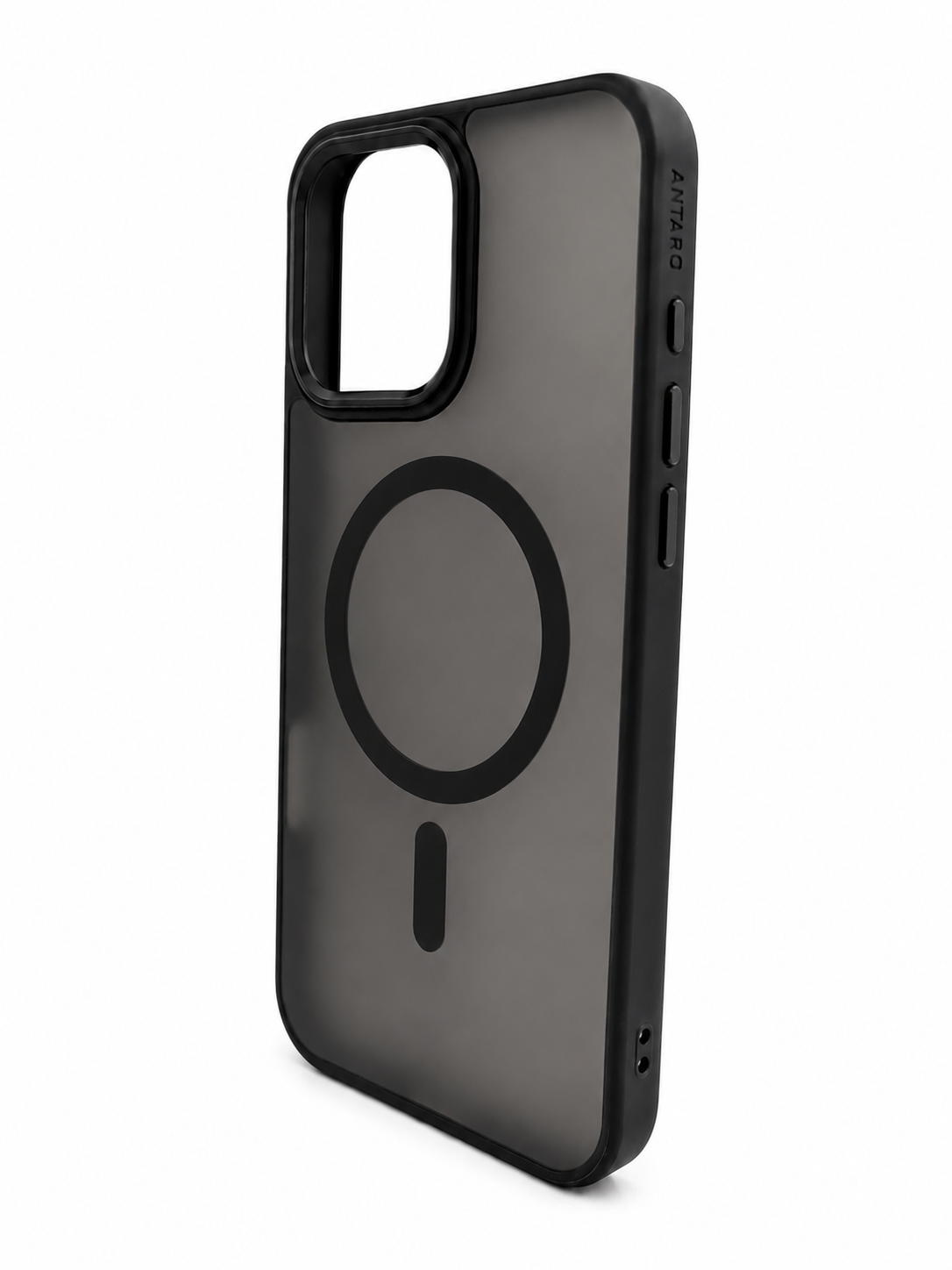 A dark gray translucent protective phone case with a black MagSafe ring and camera bumper, shown from a three-quarter angle on a white background. for iphone 16 pro max