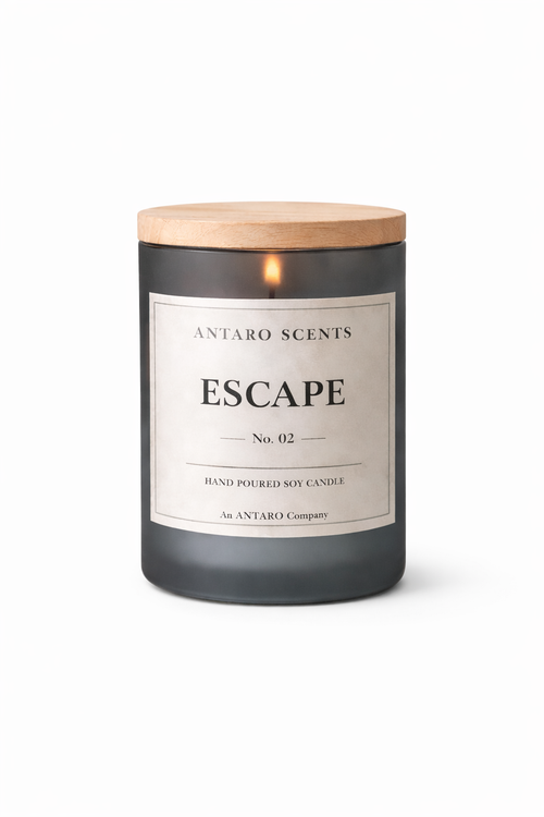 ESCAPE No.02 home candle in a grey blue vessel.