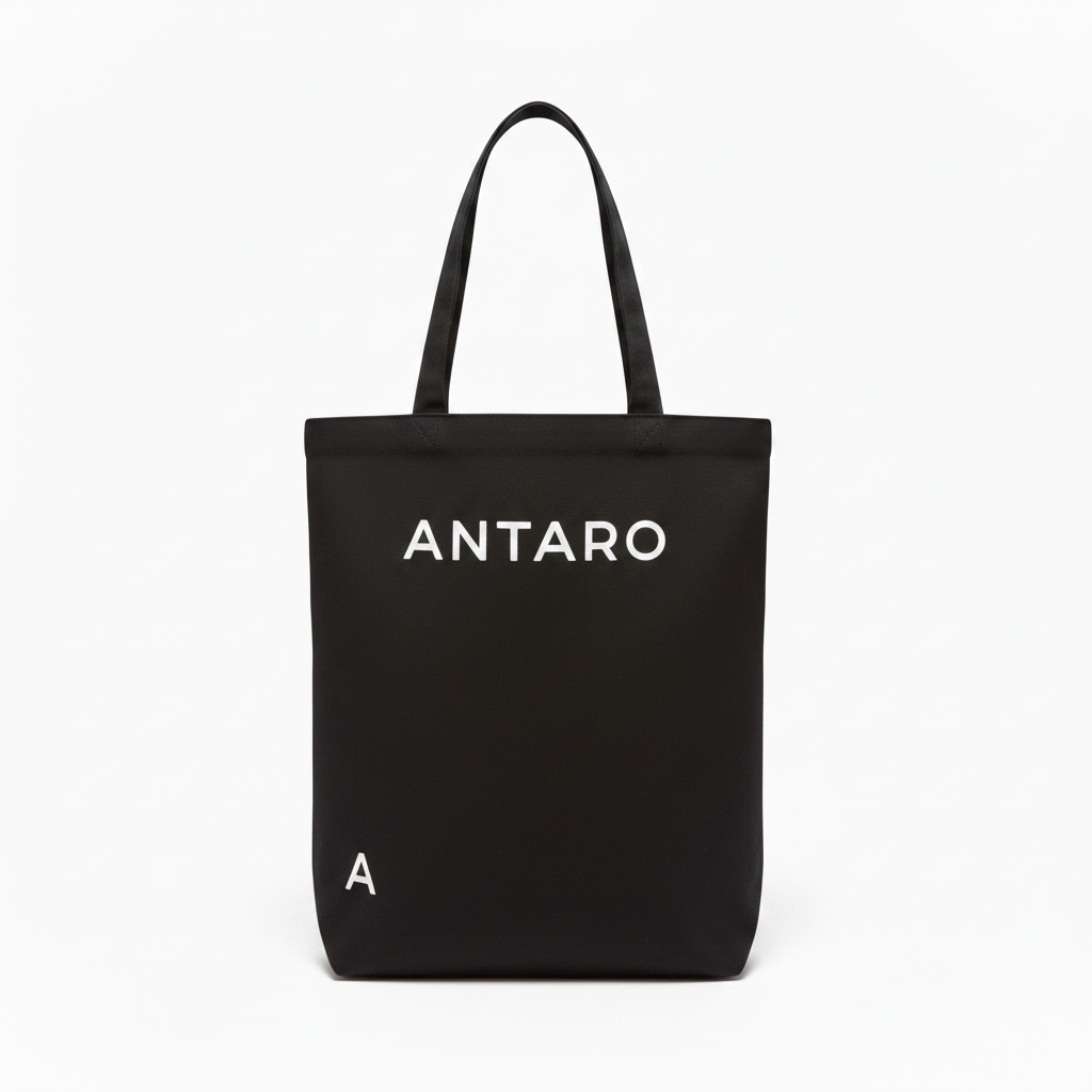 A black canvas tote bag with two top handles, featuring the brand name 'ANTARO' printed in white capital letters on the front, and a small white letter 'A' near the bottom left. The bag is photographed against a clean, solid white background.