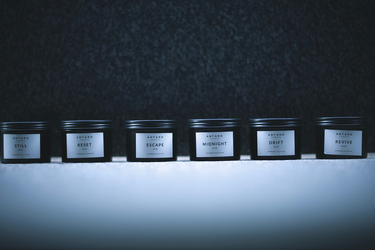 The six Anywhere Collection travel candles side by side